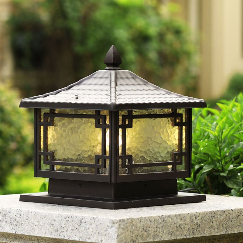 Contemporary Metal Pillar Lamp Square Shape Outdoor Waterproof Light with Glass Shade