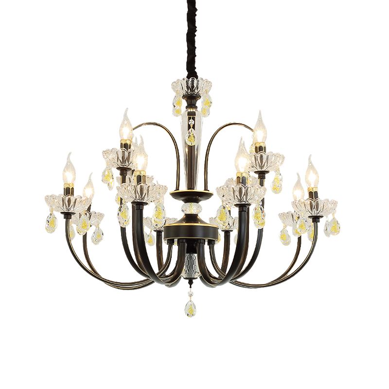 Black Candle Chandelier Lamp Rustic Metal 12/15 Lights Living Room Hanging Light Kit with Crystal Accent