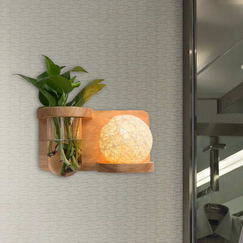 1 Head Barrel/Globe Wall Sconce Industrial Wood Opal Glass LED Wall Light Fixture for Living Room, Left/Right