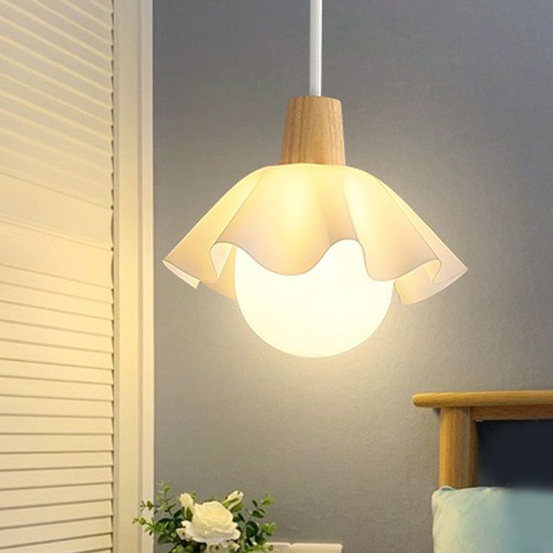 Witte bol hanglamp in moderne beknopte stijl houten binnenhangende lamp met glazen schaduw