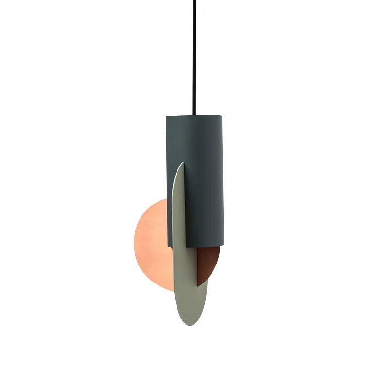 Geometric Cafe Pendant Light Metal 1-Light Macaron Style Drop Lamp in Green-Grey-Pink