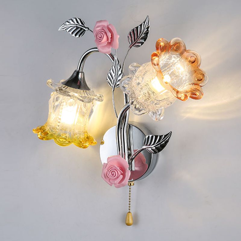 Modern Flower Flush Mount Wall Sconce 2-Light Bedroom Wall Sconce Lights with Grass Shade