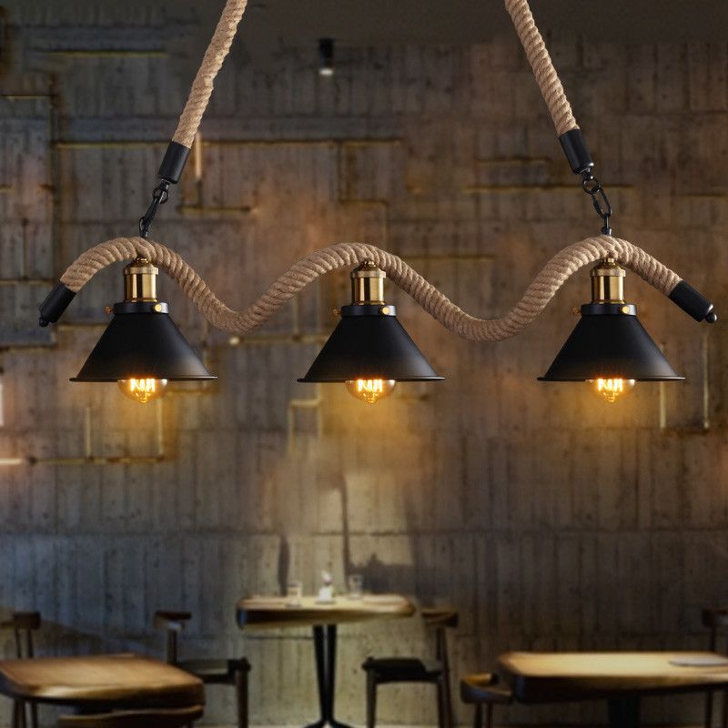 Black Conical Island Lighting Industrial Hemp Rope 3-Head Dining Room Pendant Lamp