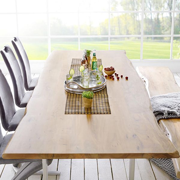 Mesa de madera maciza en tono marrón, mesa con base de trineo de lujo para comedor
