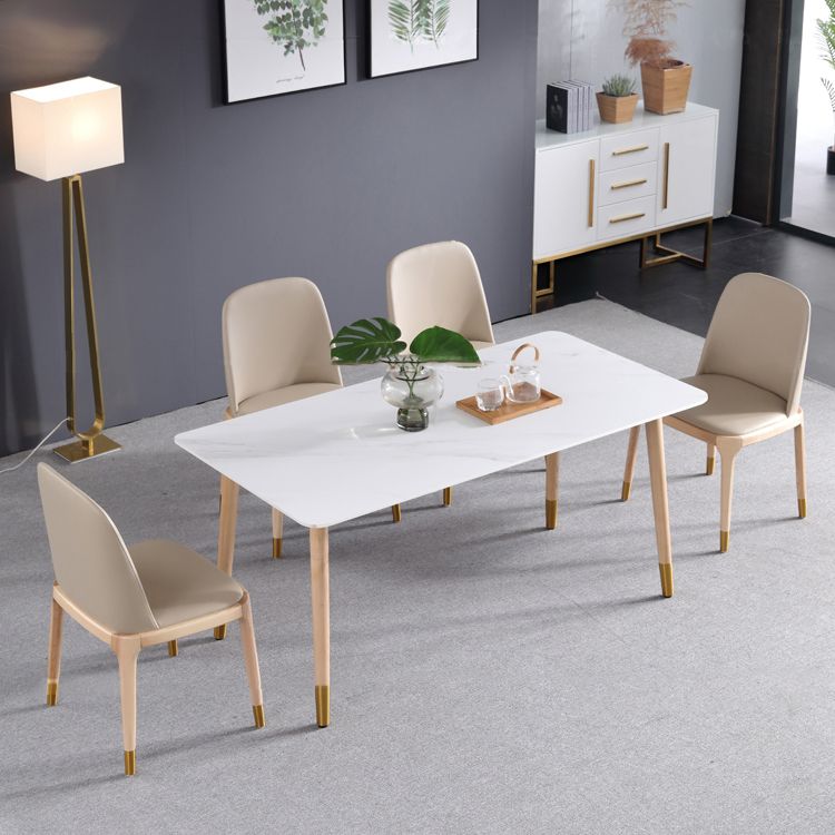 Mesa de comedor rectangular moderna de piedra sinterizada, mesa superior de piedra blanca con 4 patas de madera