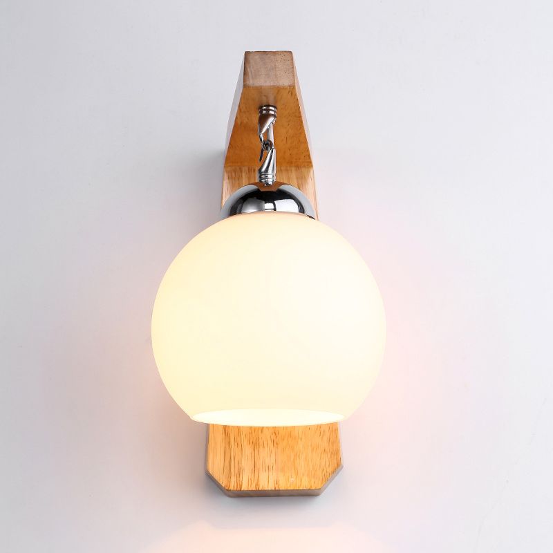 White Glass Wall Lamp in Modern Minimalist Style Wooden Globe Wall Light for Interior Spaces