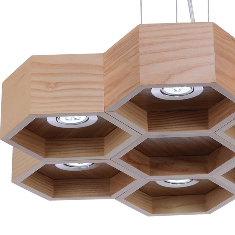 Honeycomb Wood Chandelier Light Contemporary 6 Heads Beige Hanging Pendant Light
