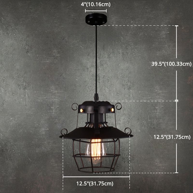 Luce a sospensione in gabbia in ferro battuto nero stile industriale a 1 lutto lampada a soffitto appesa con cavo regolabile da 39 "