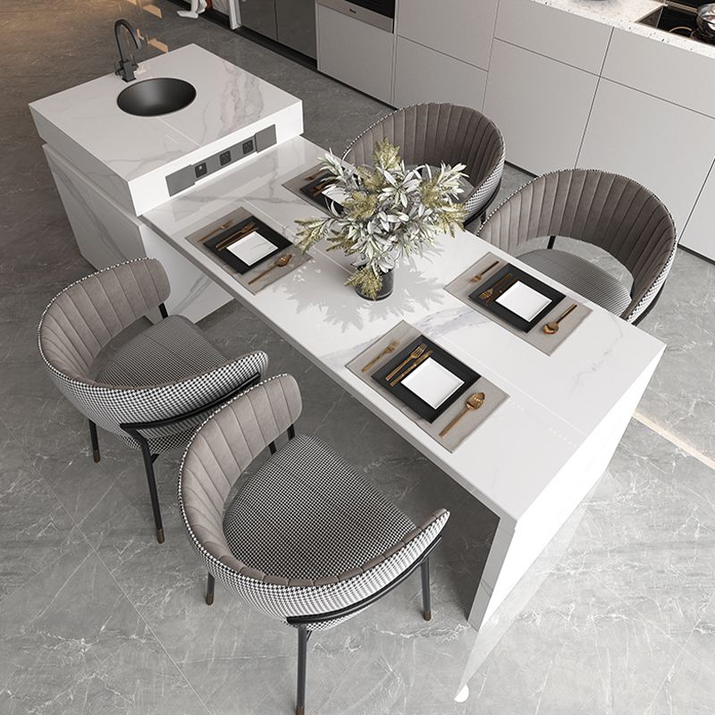 White Stone Contemporary Kitchen Island Table with Storage Cabinet