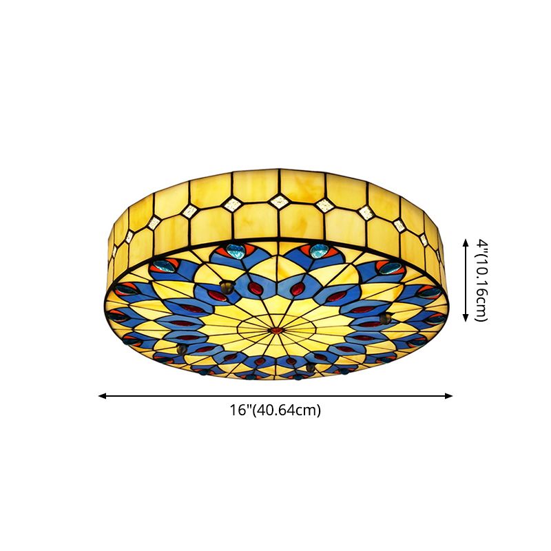 Drum Ceiling Mount Light Mediterranean Stained Glass Flush Mount Fixture for Bedroom