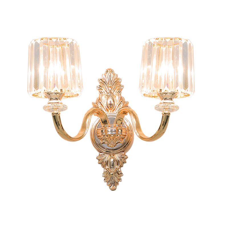 2-Bulb Wall Light Sconce Retro Cylinder Crystal Block Wall Mounted Lighting in Gold with Carved Backplate