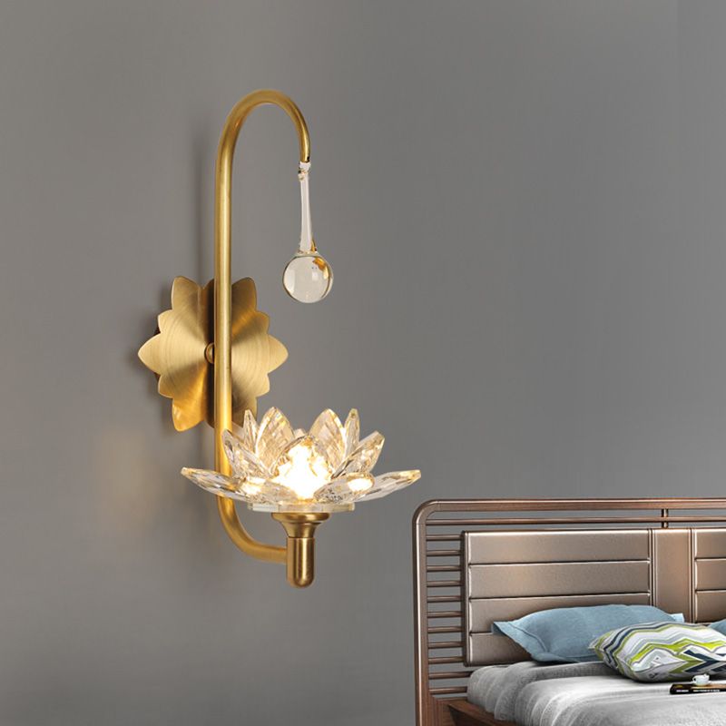 Modernist Lotus Wall Lamp Clear Crystal 1 Head Bedside Wall Light Sconce with Curved Arm in Brass