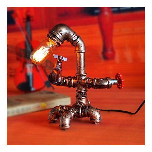 Iron Pipe Man Table Lighting Rustic 1 Head Restaurant Table Lamp with Red Valve and Faucet in Bronze Finish
