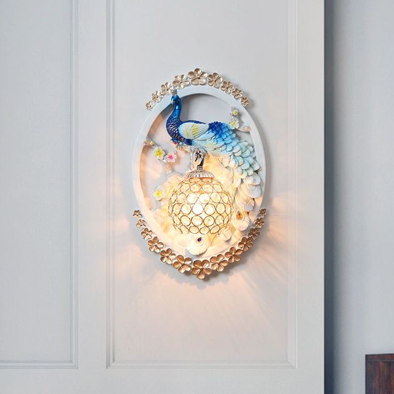 K9 Crystal Ball Mur Murning Contemporary 1 Light Living Room Appince en bleu clair et blanc avec design de paon