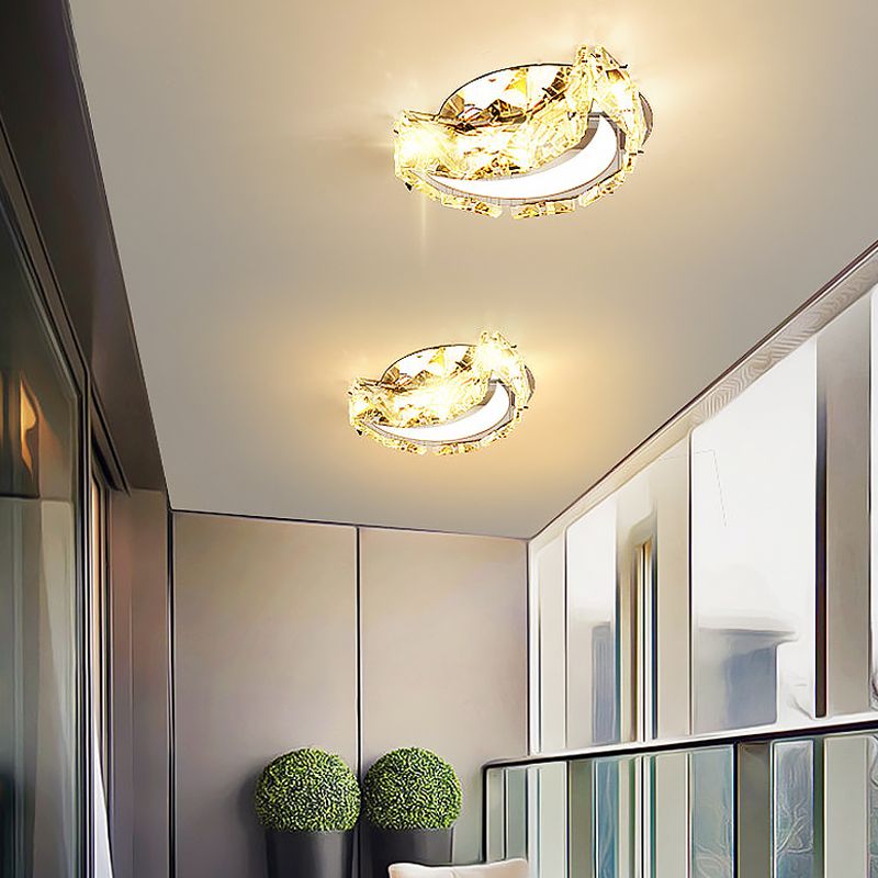 Simple Moon Flushmount Lighting Clear Faceted Crystal LED Hallway Close to Ceiling Light in Stainless-Steel