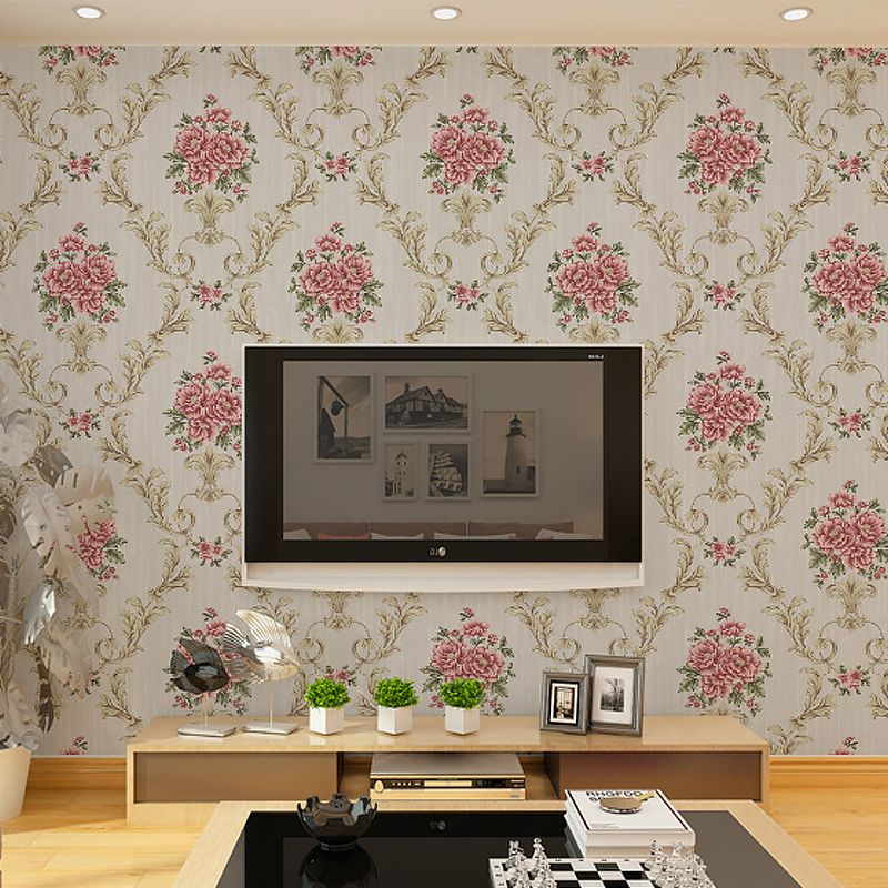 Flower Peonies Wallpaper Roll Countryside Vinyl Wall Art in Soft Color for Bedroom