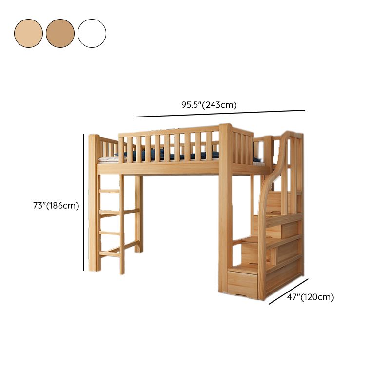 Modern Solid Wood Loft Bed Natural Storage Kids Bed with Guardrails