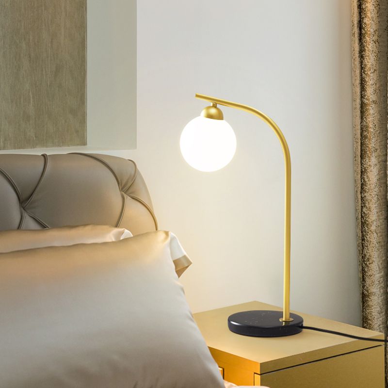 Minimalist Ball Shade Table Light Ivory Glass 1 Head Bedside Night Lam with Black/Gold Bended Stand