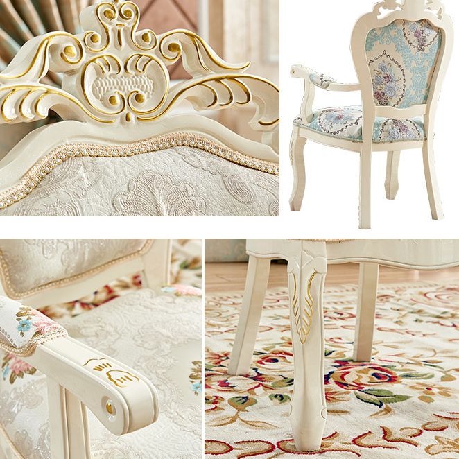 European Style Birch Cotton Arm Chair Light Color Solid Back Dining Chair with White Legs