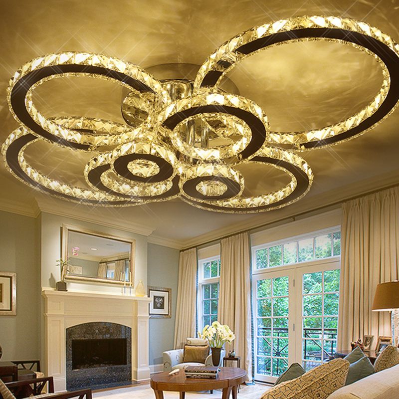 Ring Shaped Embedded Crystal LED Semi Flush Mount Contemporary Stainless-Steel Ceiling Mounted Light