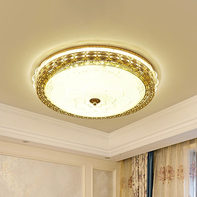 Gold LED Ceiling Fixture Antiqued Opaline Glass Pierced Drum Flush Light with Flower Pattern