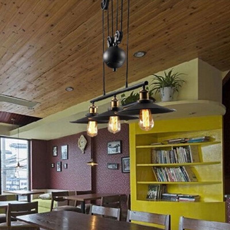 Black 3-Light Pulley Island Pendant Light in Industrial Retro Style Wrought Iron Hanging Lamp for Dining Room