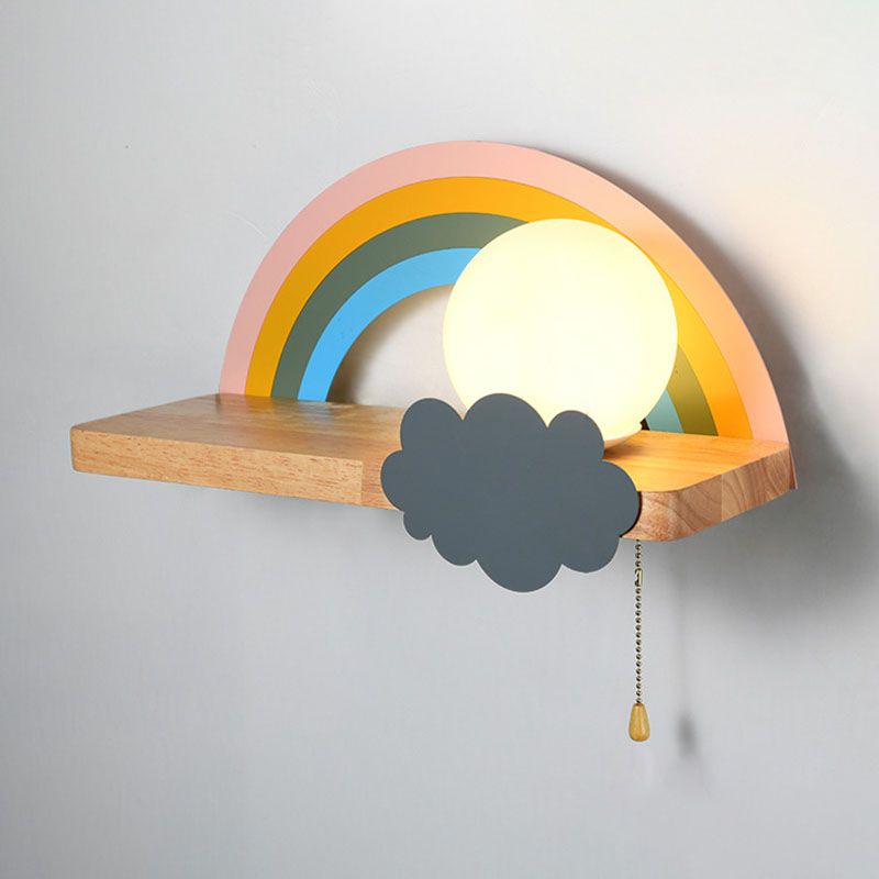 Wood Kids Wall Light Fixture Semicircle Rainbow Sconce Lamp for Children's Room