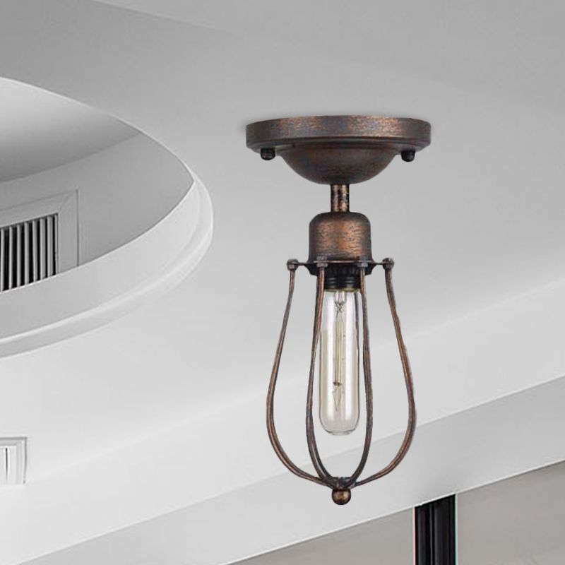 1 Bulb Ceiling Lighting with Wire Guard Wrought Iron Antique Style Bedroom Mini Semi Flush Light in Dark Rust