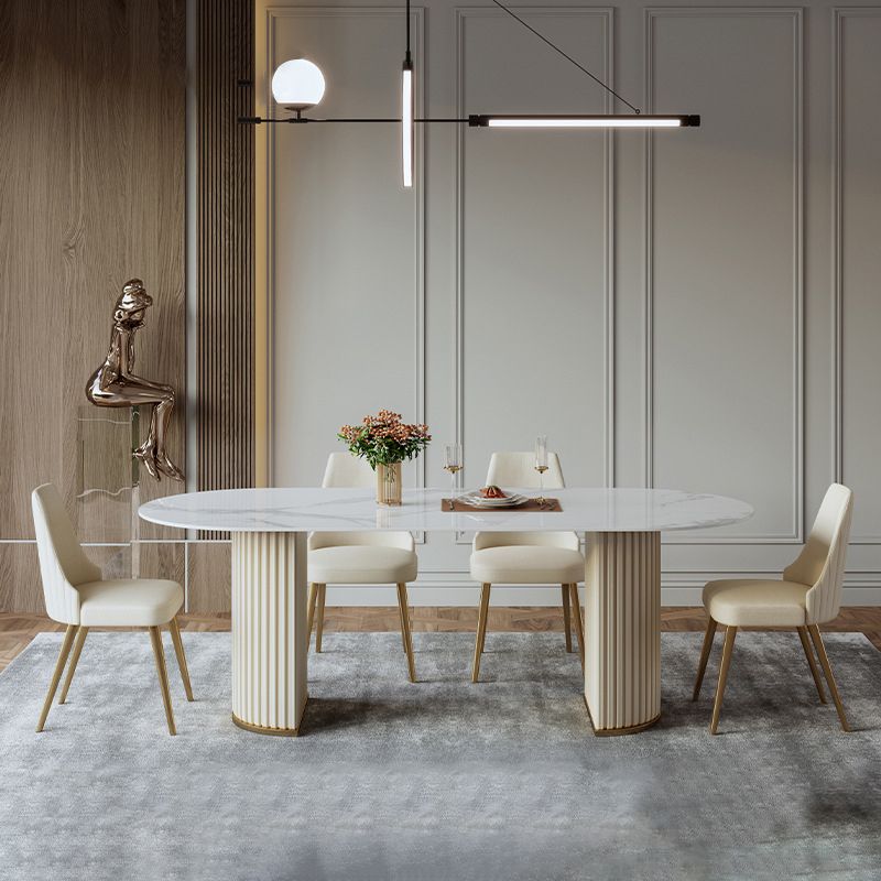 Mesa de comedor ovalada de lujo tradicional mesa sinterizada con pedestal doble blanco
