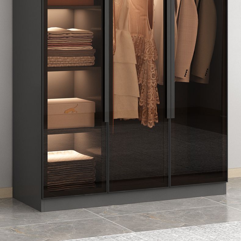 Freestanding Grey Wood Frame Wardrobe Modern Multifunctional Wardrobe with Glass Doors
