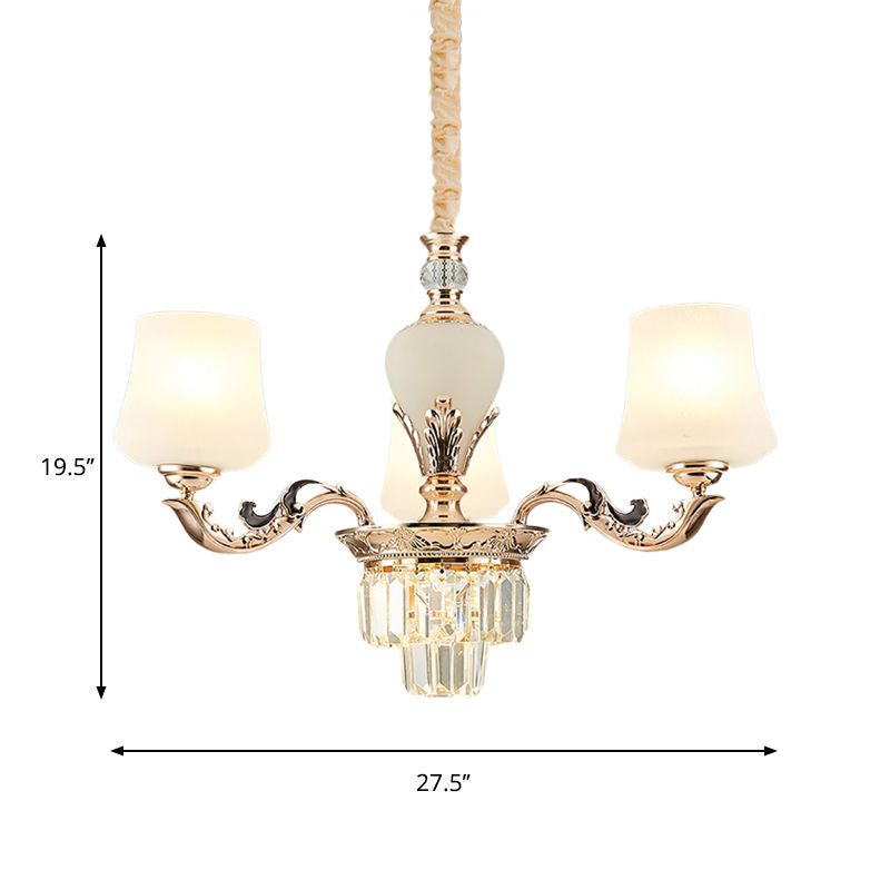 3/6 têtes légère de plafond avec nuance effilée en verre blanc lampe à lustre de chambre à coucher traditionnelle en or