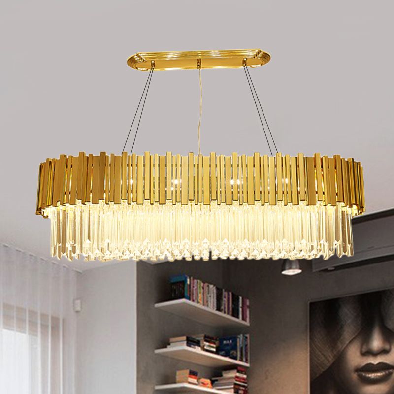 26"/35.5"/39" W Modern Oblong Layered Metal Chandelier Lamp 6-Light Golden Hanging Light with Crystal Icicles
