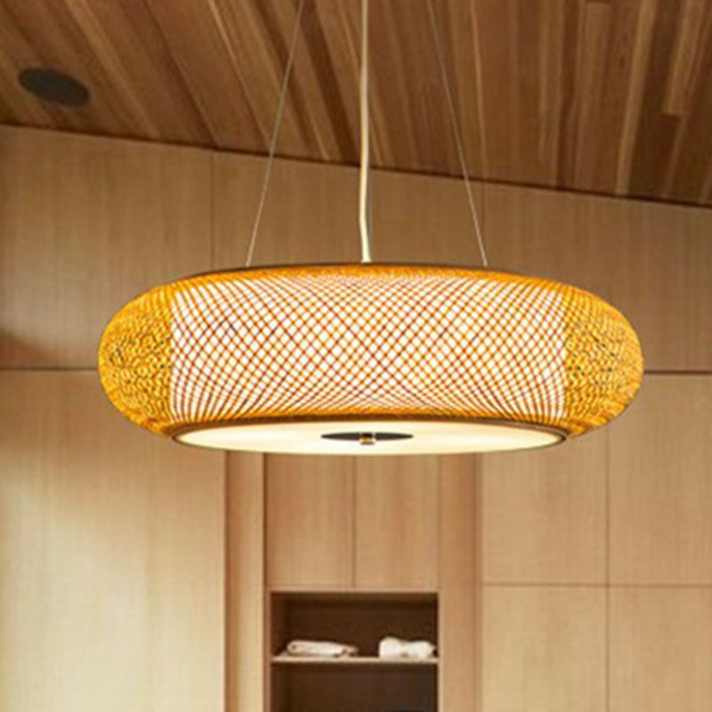 Rounded Drum Restaurant Chandelier Lighting Bamboo 3 Bulbs Minimalist Pendant Light in Wood