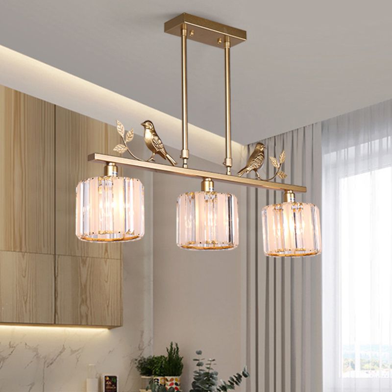 Présentation du cylindre à 3 bulbs Light Postmodern Black / Gol Crystal Prism Pendant avec décoration d'oiseaux et de feuilles
