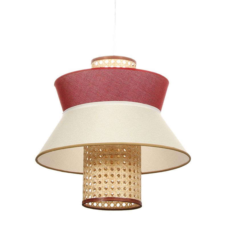 Pink Flared Ceiling Suspension Lamp Asian Style Single Bulb Rattan Hanging Light Kit for Dining Room