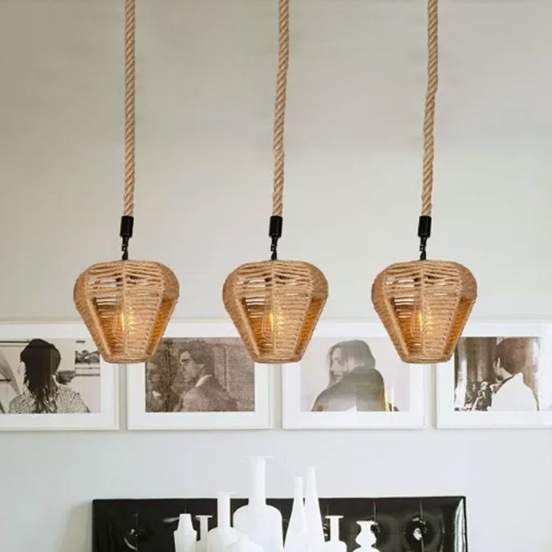 3/6-Light Inverted Droplet Multi Pendant Rustic Brown Hemp Rope Hanging Light Fixture with Round/Linear Canopy