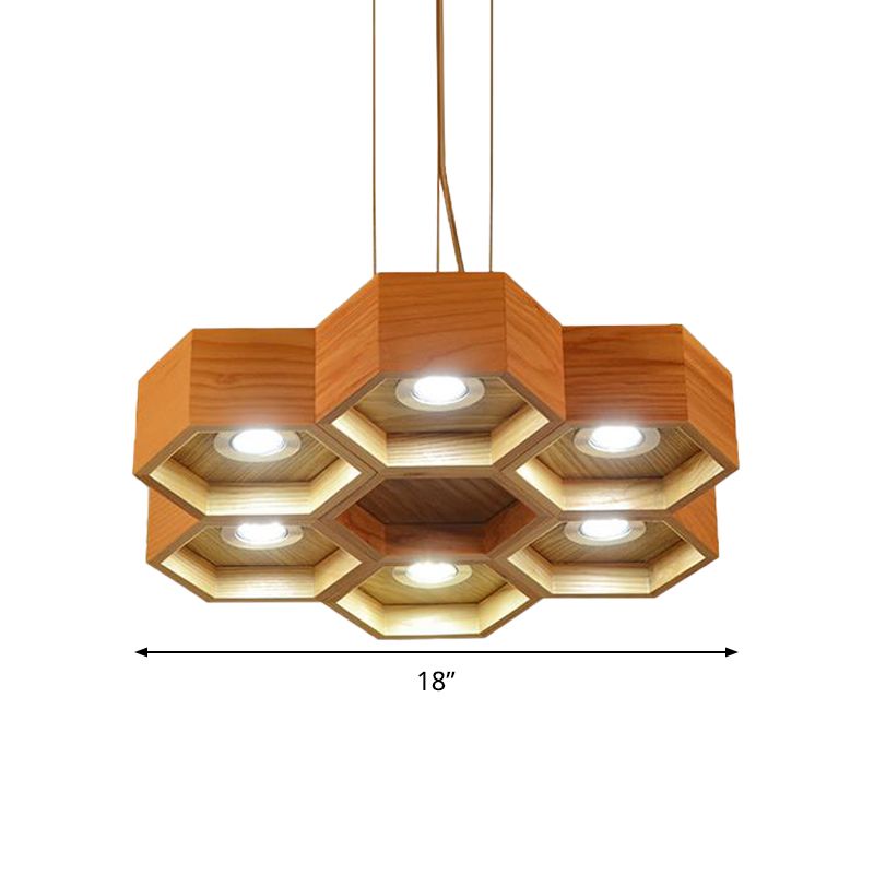Honeycomb Wood Chandelier Light Contemporary 6 Heads Beige Hanging Pendant Light