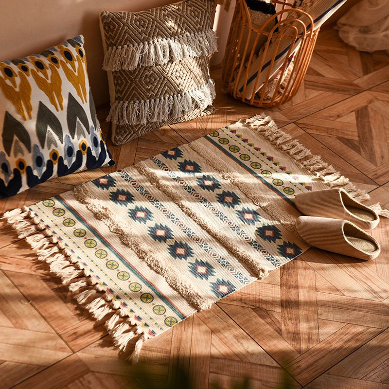 Retro Tribal Print Carpet Cotton Fringe Rug Washable Indoor Rug for Living Room