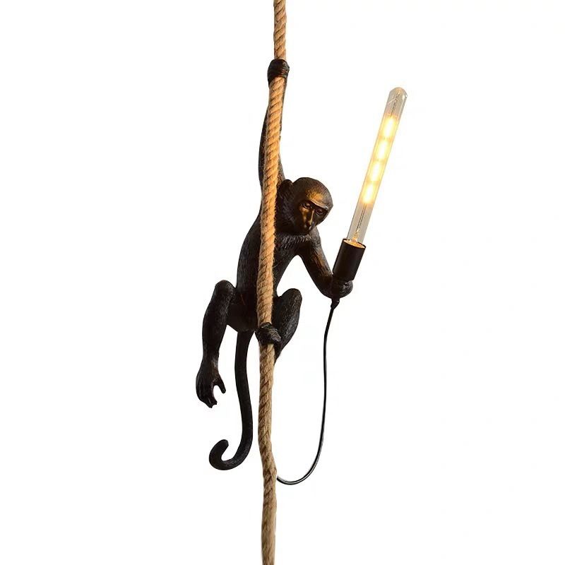 Modern Monkey Ceiling Light Resin Single-Bulb Restaurant Hanging Pendant Light with Hemp Rope