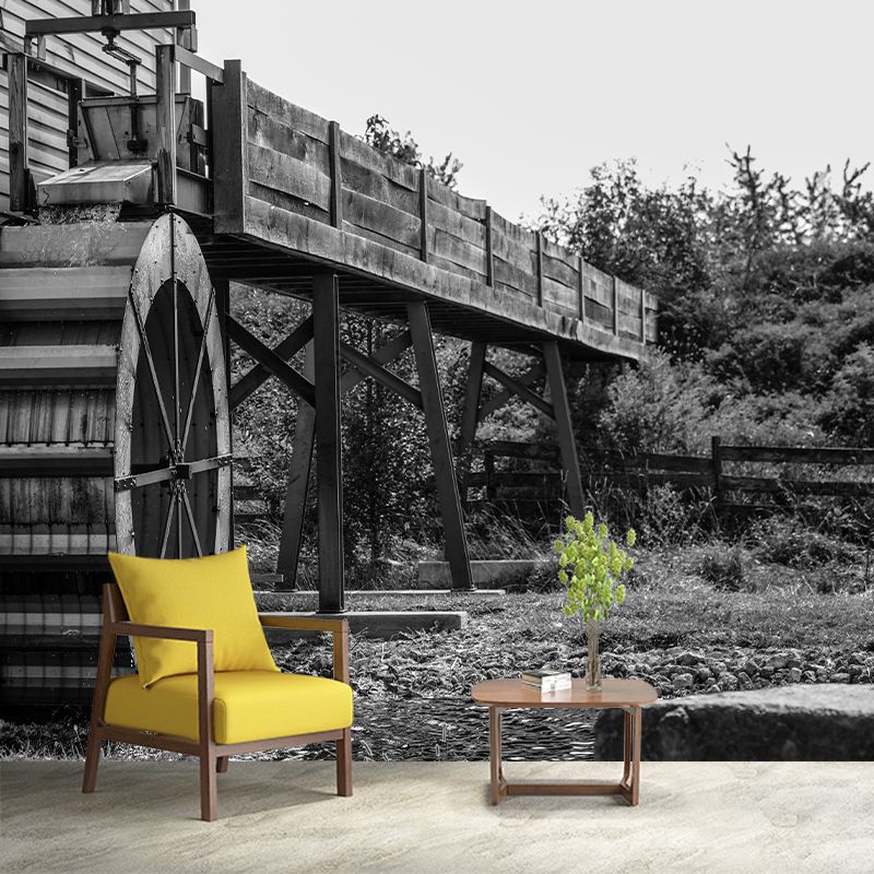 Photography Country Mural Wallpaper with Water Mill  Painting for Decoration