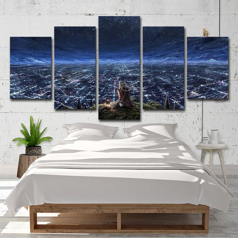 Girls Starry Sky View Canvas Bedroom Luminous Cityscape Wall Art in Dark Blue for Decor