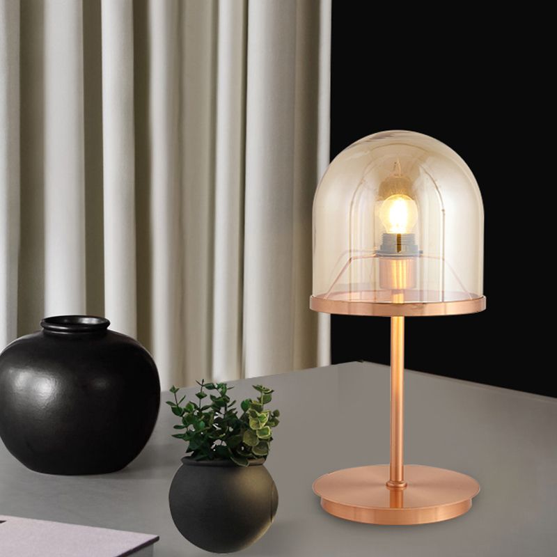 1-Head Restaurant Night Lamp Modernism Rose Gold Metal Table Lighting with Dome Amber Glass Shade