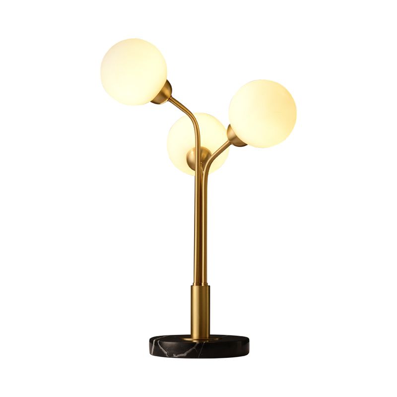 Furcated Nightstand Light Postmodern Opaline Glass 3 Heads Bedside Table Lamp in Brass