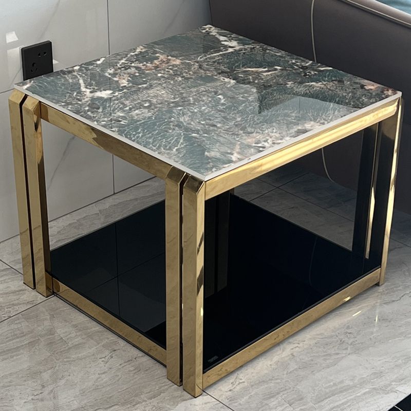 Stone Top End Table with Shelves Glam Frame Sofa Side Table for Living Room