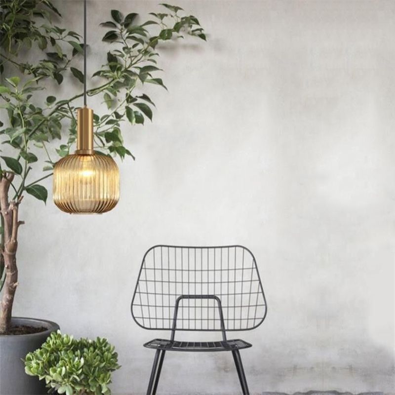 Zeitgenössischer Drum Shade Pendellicht, geripptes Glas 1-Licht-Anhängerbeleuchtung