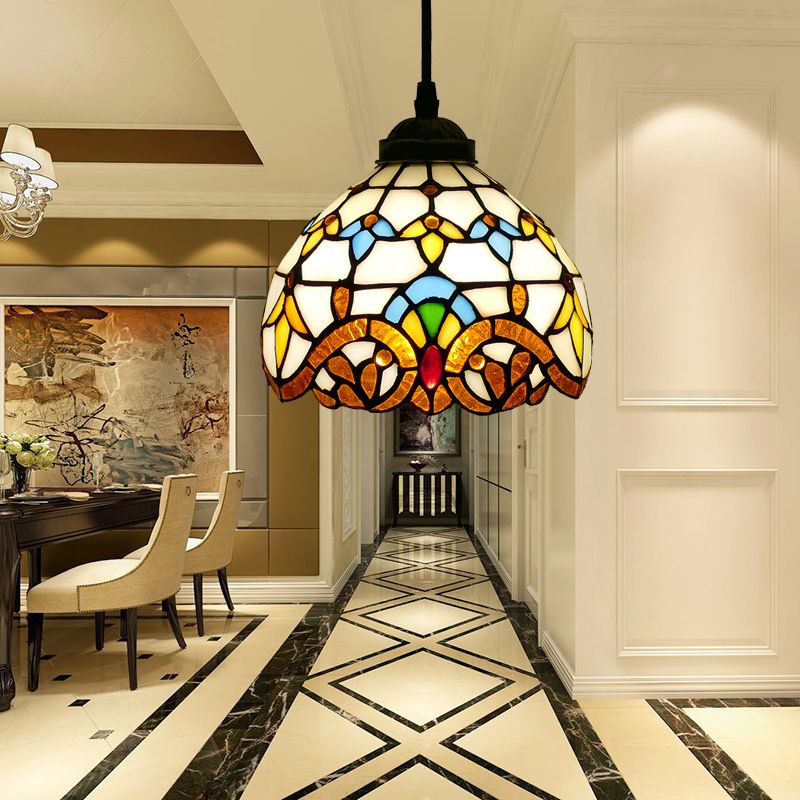 Tiffany Style Bell Shade Pendant Light Single Hand Cut Glass Suspension Light Fixture