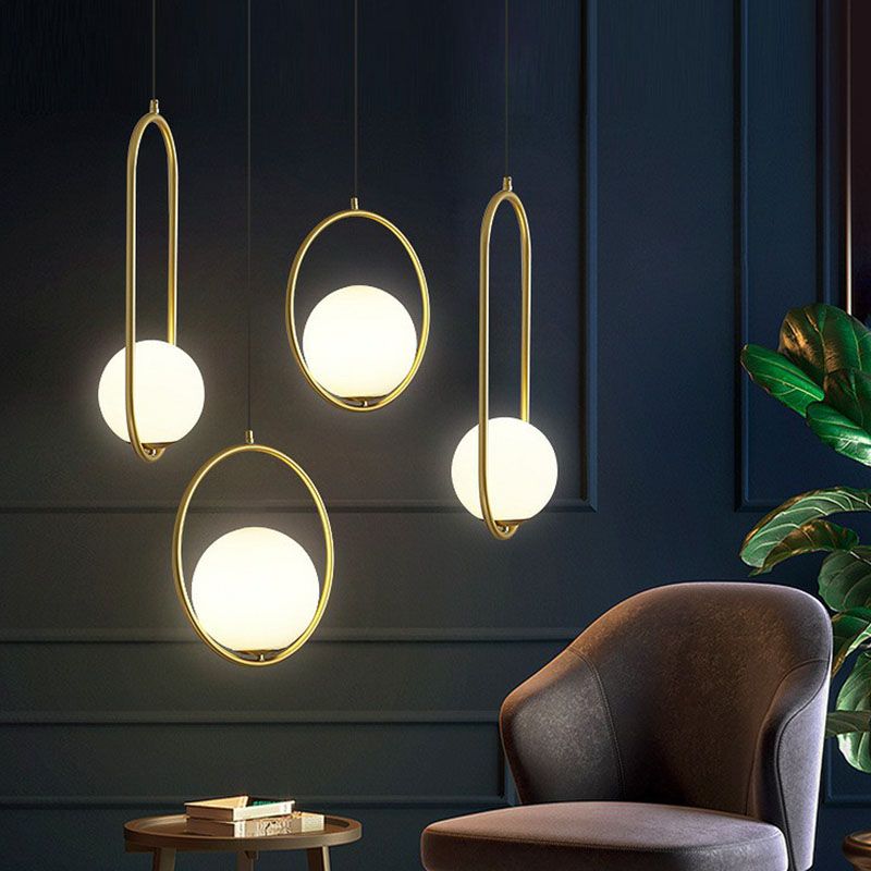 Ball Ceiling Suspension Lamp Simple Style White Glass Single Pendant Light with Metal Ring