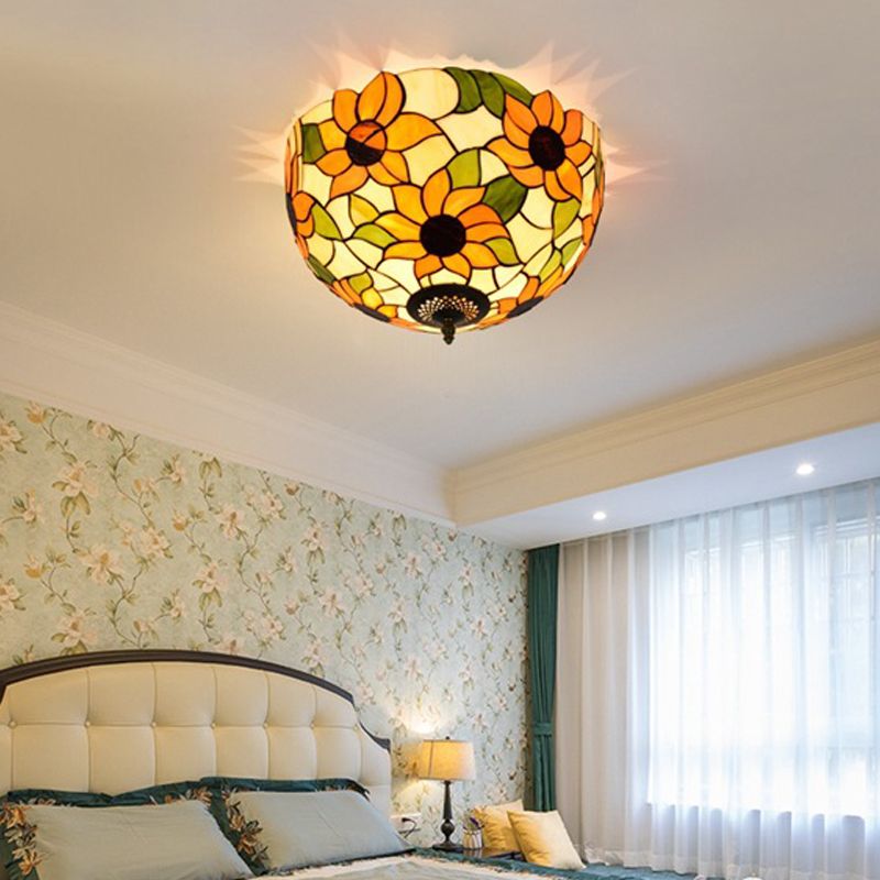 Stained Glass Sunflower Ceiling Fixture Tiffany 2/3 Lights Yellow and Green Flushmount Ceiling Lamp, 12"/16" W