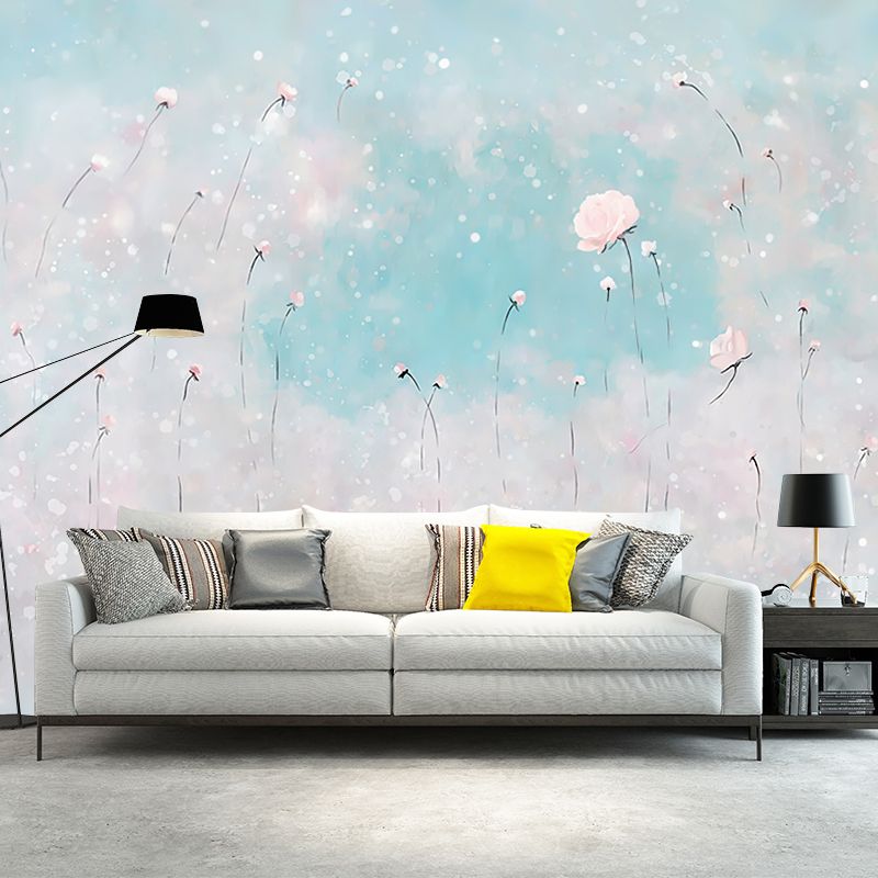 Illustration Flowers Wall Paper Murals for Bedroom, Pink and Blue, Personalised Size