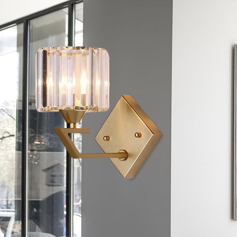 Cylindeical Bedroom Wall Light Sconce Minimalist Crystal Block 1 Head Gold Wall Lamp